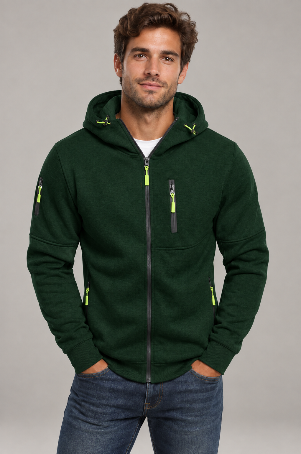 Sudadera con capucha cálida para hombre, con cremallera y bolsillo en el pecho | Corte casual