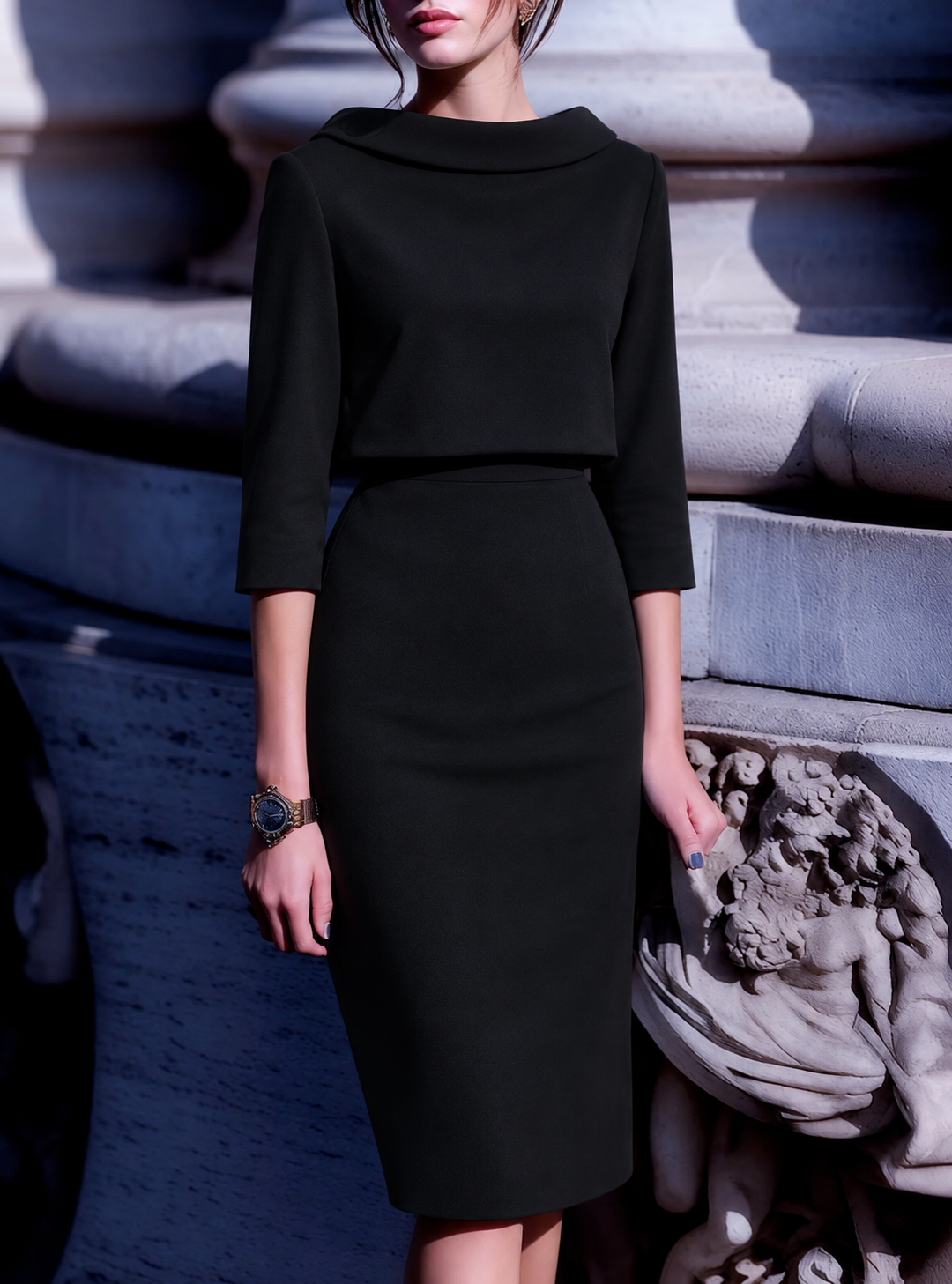 Women’s Elegant Boat-Neck Top & Midi Skirt Co-Ord Set