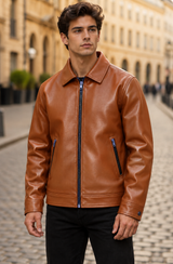 Chaqueta bomber de ante vegano para hombre con cuello acanalado y cremallera