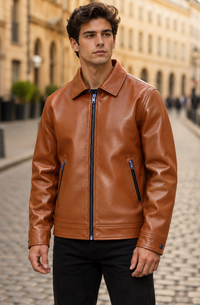 Chaqueta bomber de ante vegano para hombre con cuello acanalado y cremallera