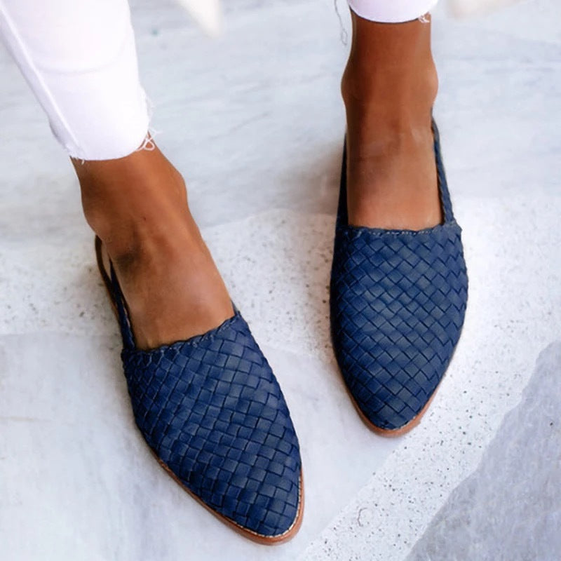 Mules tissées en cuir pour femmes, bout fermé, plates et à enfiler