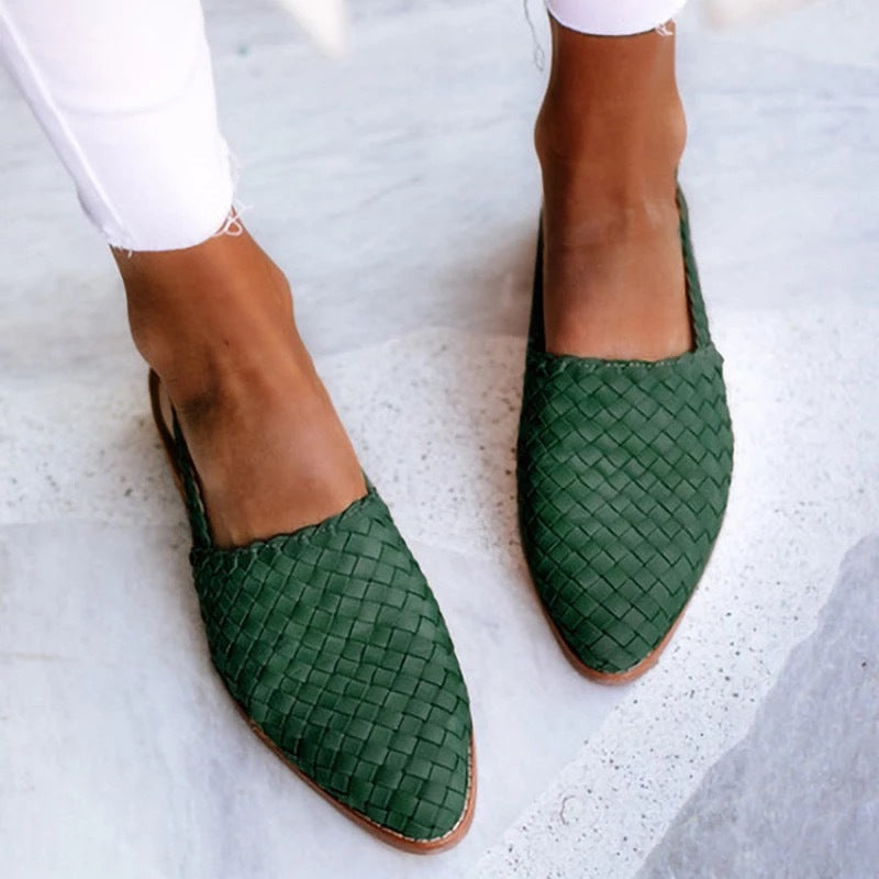 Mules tissées en cuir pour femmes, bout fermé, plates et à enfiler