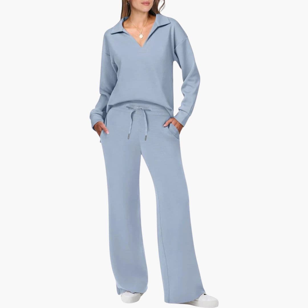 Ensemble deux pièces femme : haut à manches longues col en V et pantalon large décontracté