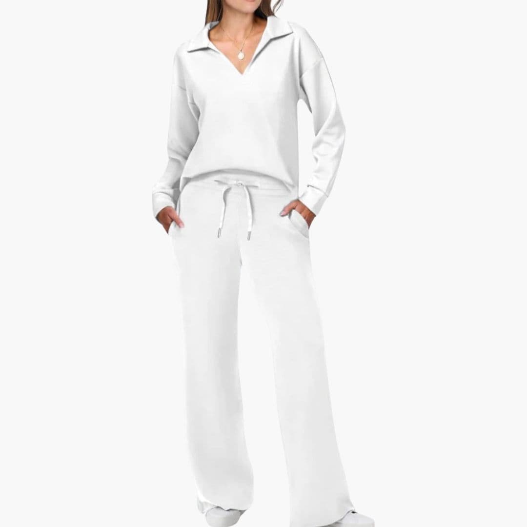 Women's Two-Piece Set V-Neck Long Sleeve Top And Wide Leg Pants Casual