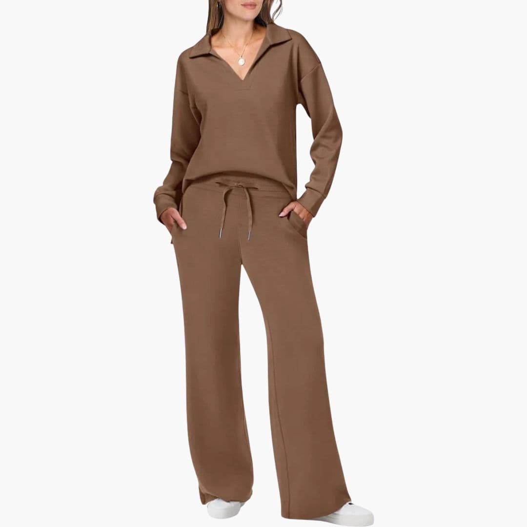 Ensemble deux pièces femme : haut à manches longues col en V et pantalon large décontracté