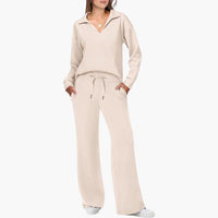 Women's Two-Piece Set V-Neck Long Sleeve Top And Wide Leg Pants Casual
