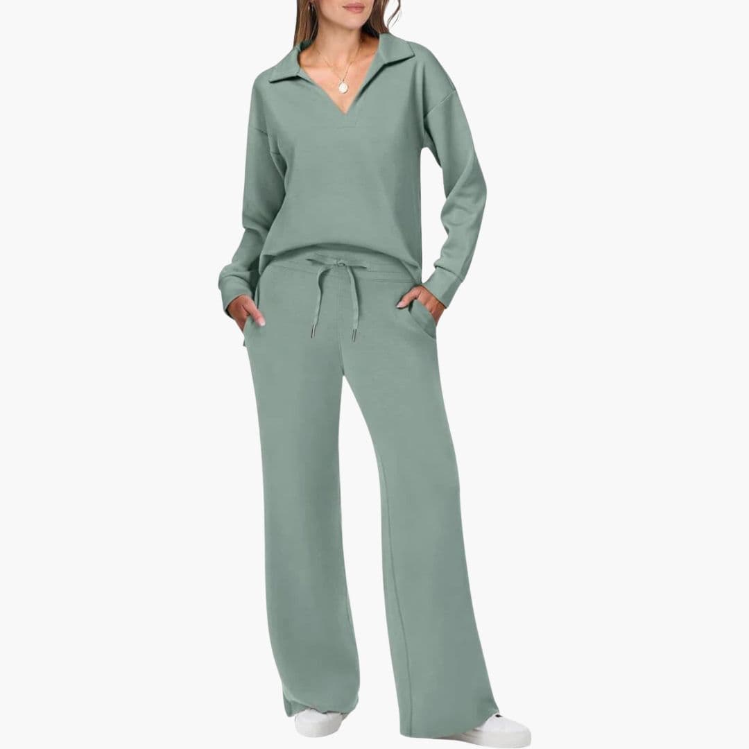 Women's Two-Piece Set V-Neck Long Sleeve Top And Wide Leg Pants Casual