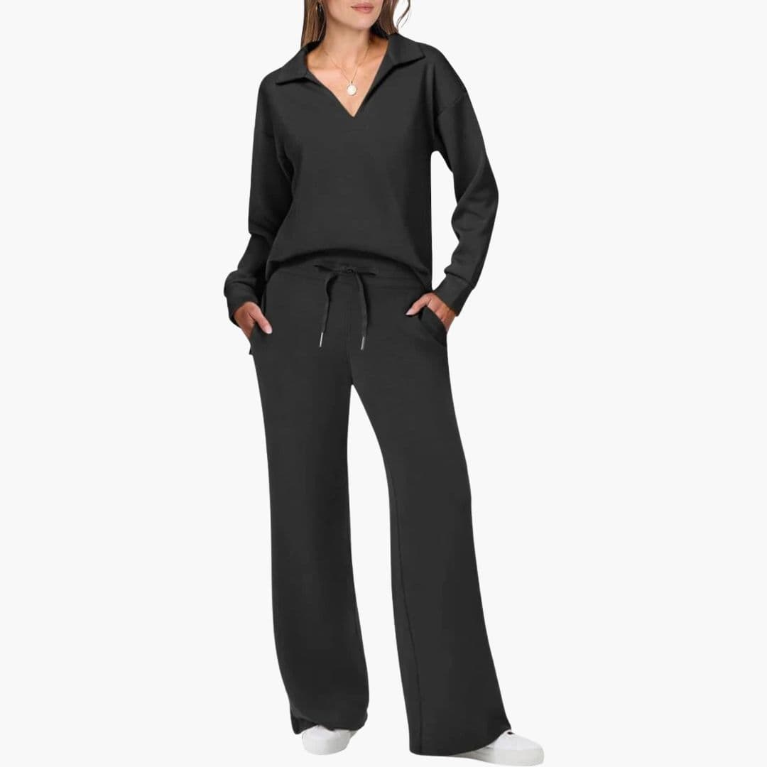 Ensemble deux pièces femme : haut à manches longues col en V et pantalon large décontracté