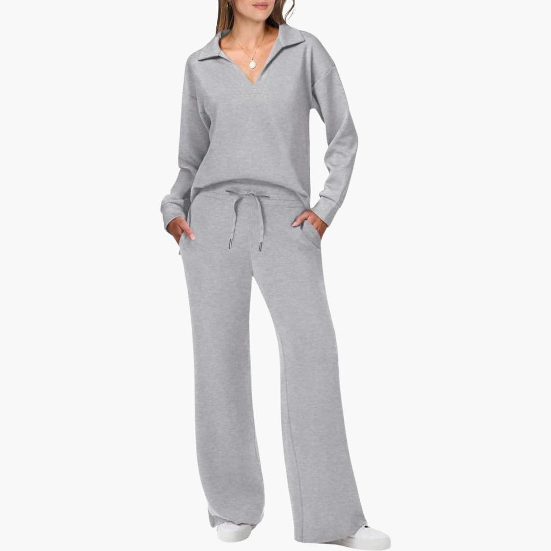 Ensemble deux pièces femme : haut à manches longues col en V et pantalon large décontracté