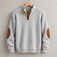 Men's Button Neck Pullover Sweater | Elbow Patches Classic Knit