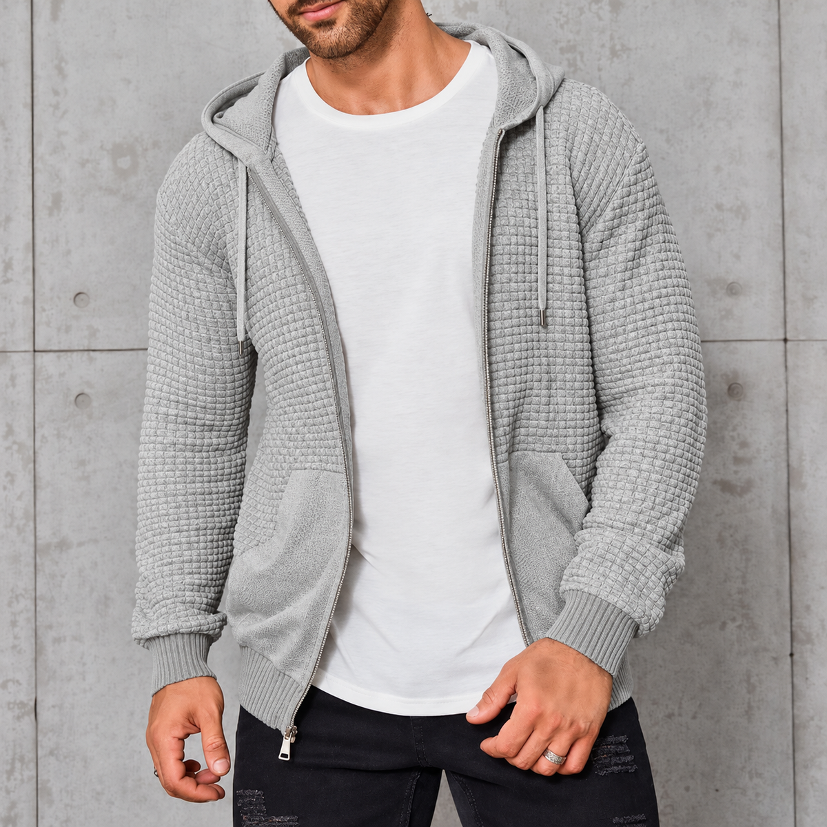 Sudadera de punto masculina con capucha, cremallera y tejido gofrado | Aislante