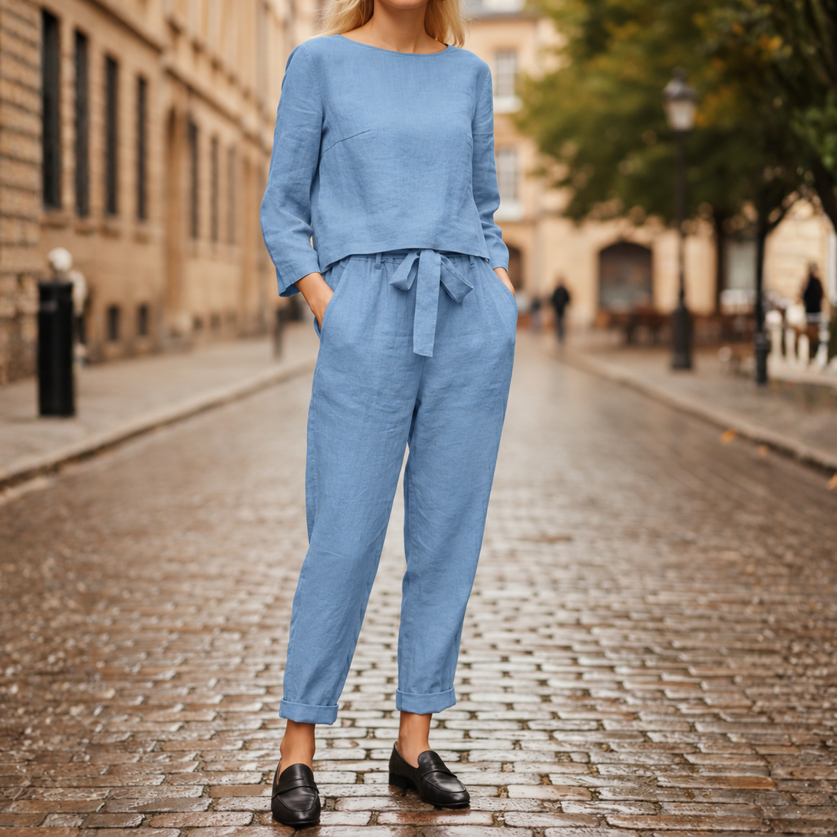 Two Piece Set Long Sleeve Top Tie Waist Tapered Pants Women