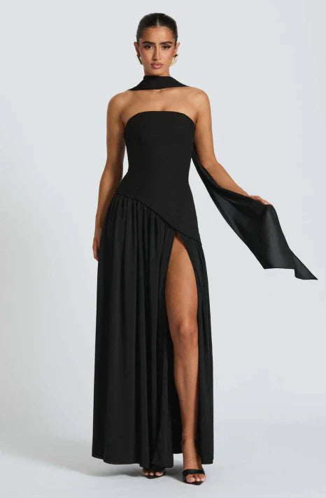 Robe longue fluide en soie pour femme, bustier sans bretelles et sans manches, formelle