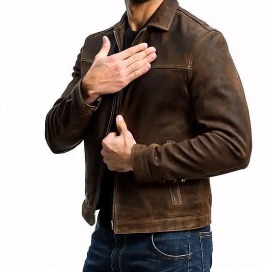Men's Leather Jacket Biker Style Zip-Up Long Sleeve