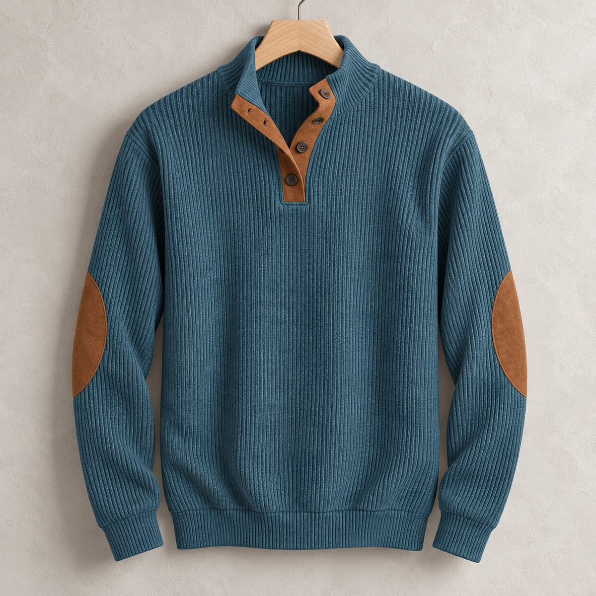 Men's Button Neck Pullover Sweater | Elbow Patches Classic Knit