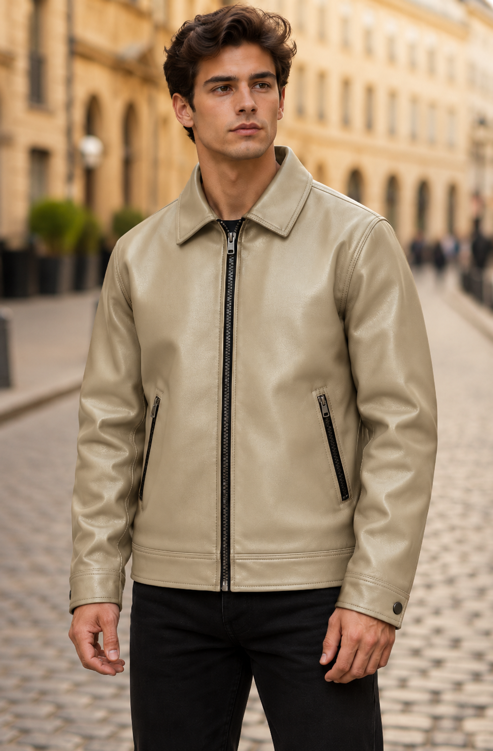 Chaqueta bomber de ante vegano para hombre con cuello acanalado y cremallera