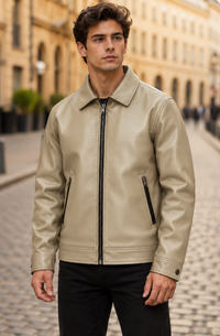 Chaqueta bomber de ante vegano para hombre con cuello acanalado y cremallera