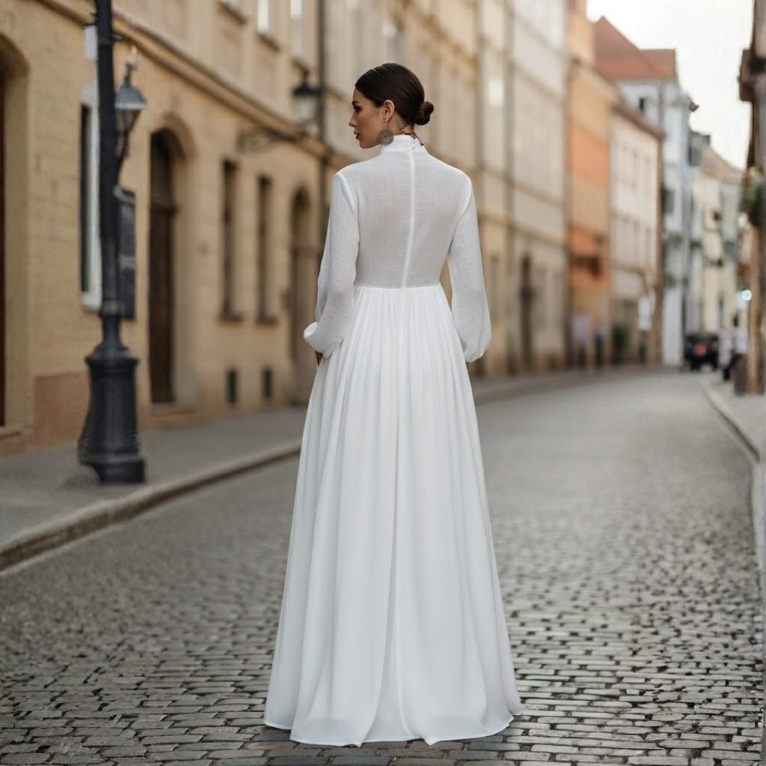 Robe longue en coton et lin patchwork col montant manches longues pour femme