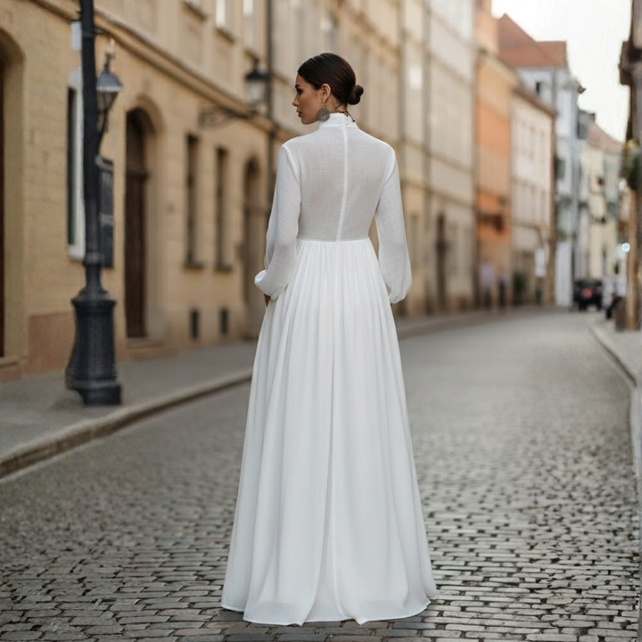 Maxi Dress Cotton Linen Patchwork High Neck Long Sleeve Womens