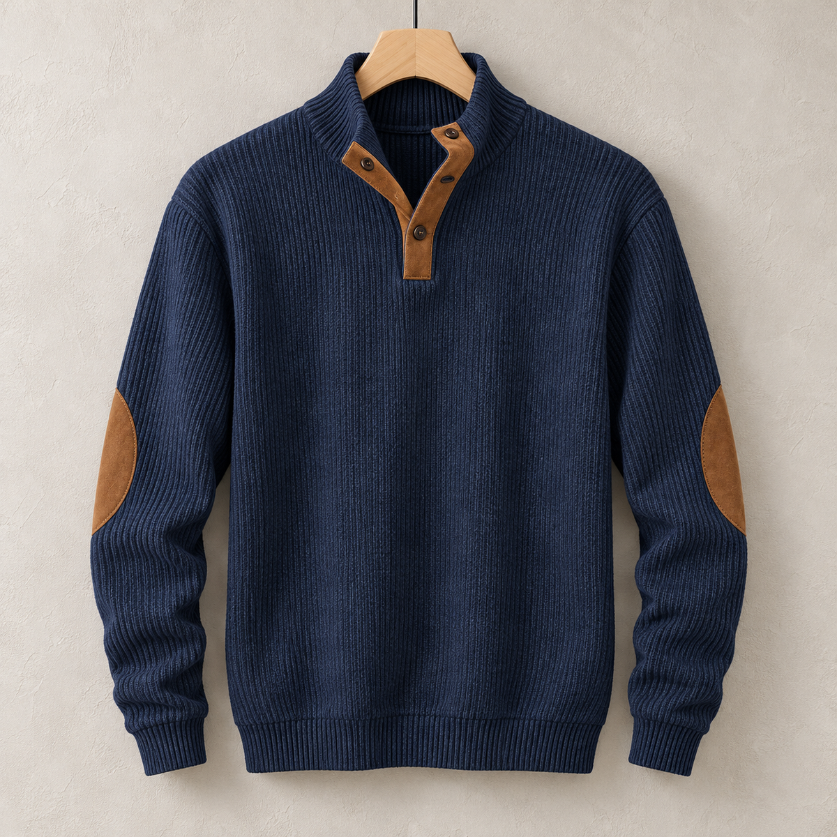 Men's Button Neck Pullover Sweater | Elbow Patches Classic Knit