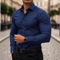 Camisa de botones manga larga ajuste elástico para hombre