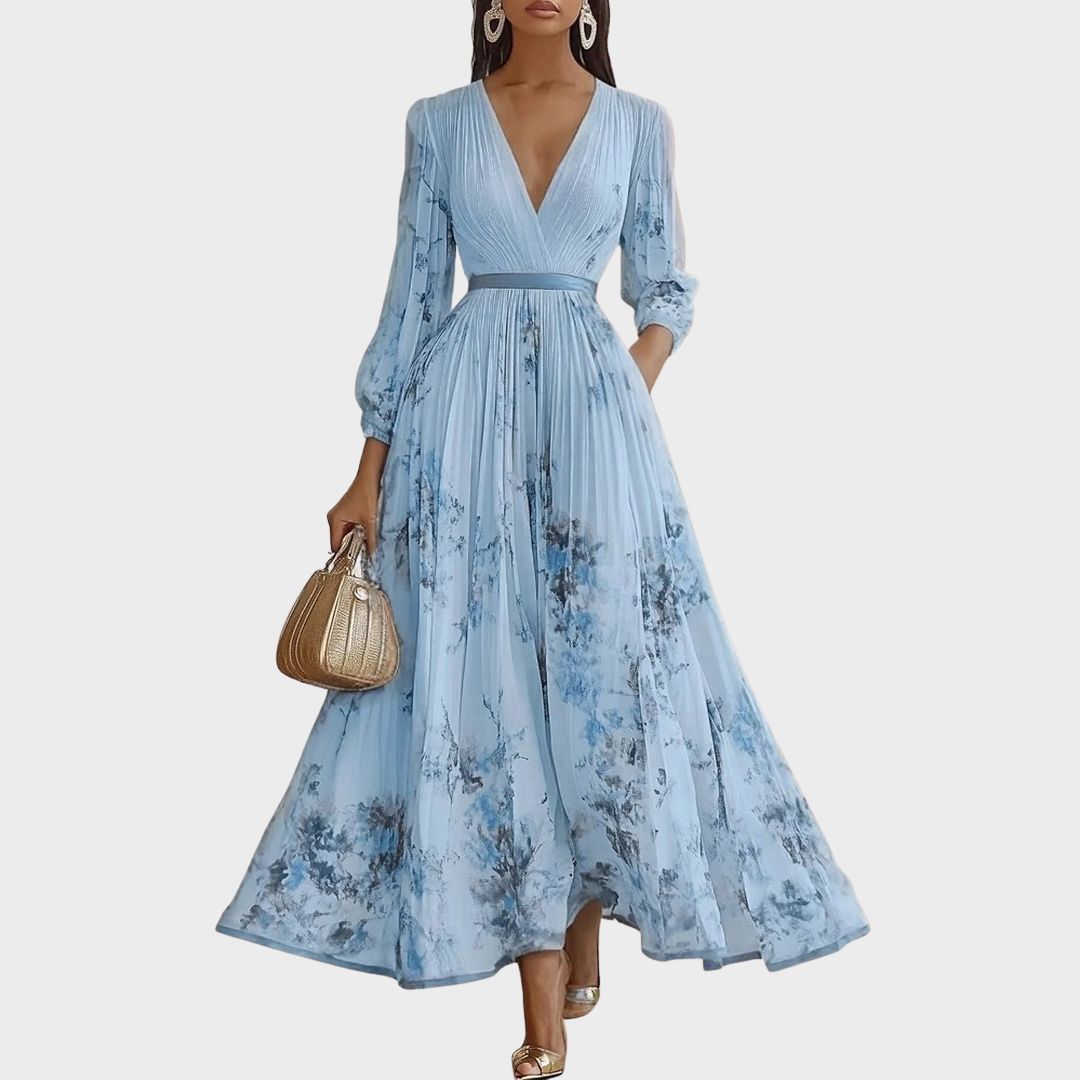 Vestido Maxi para Mujer de Satén Plisado con Escote en V, Manga Larga y Cintura Ajustable