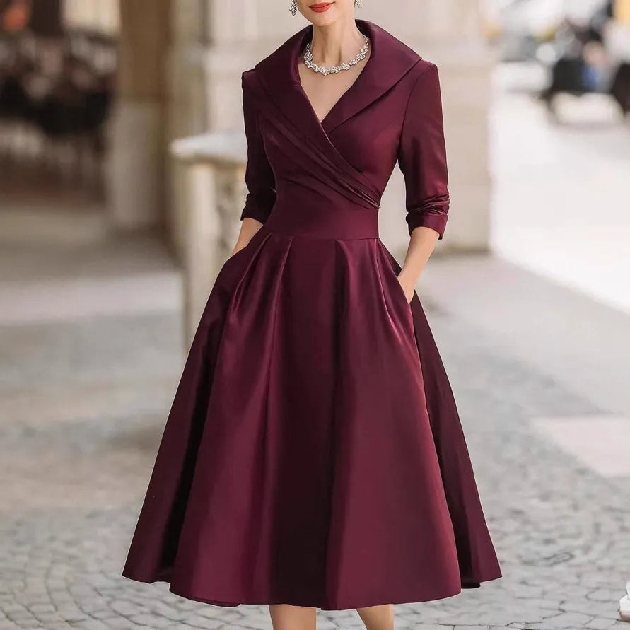 Elegant Midi Dress V Neck Three Quarter Sleeve