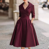 Elegant Midi Dress V Neck Three Quarter Sleeve
