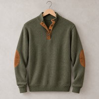 Men's Button Neck Pullover Sweater | Elbow Patches Classic Knit