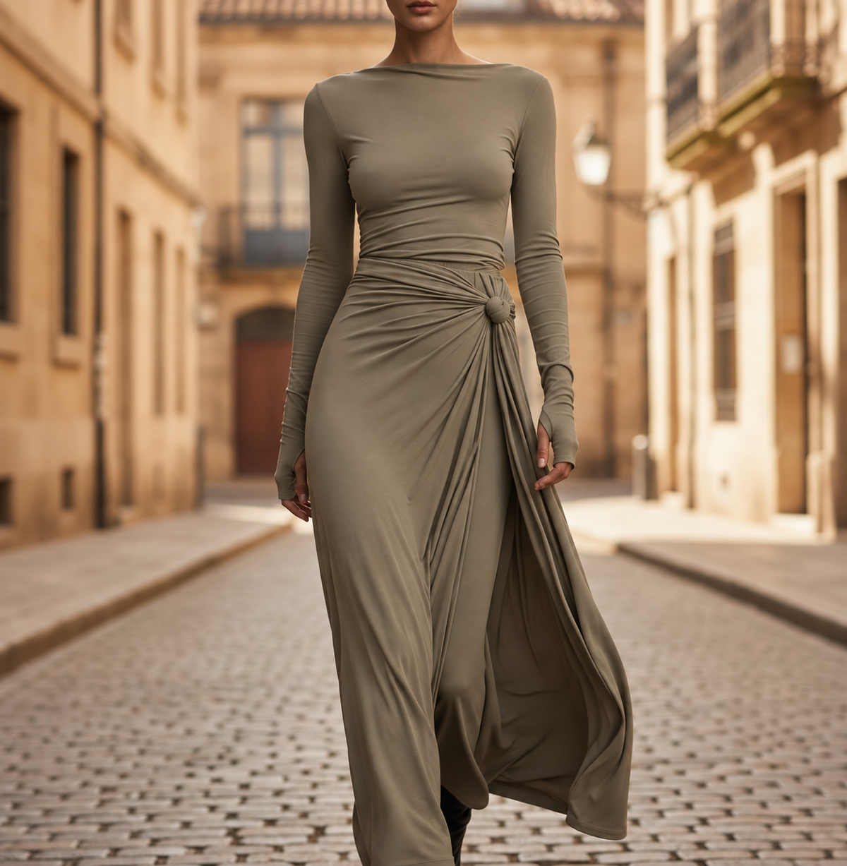 Maxi Dress Side Knot Long Sleeve Floor Length Women