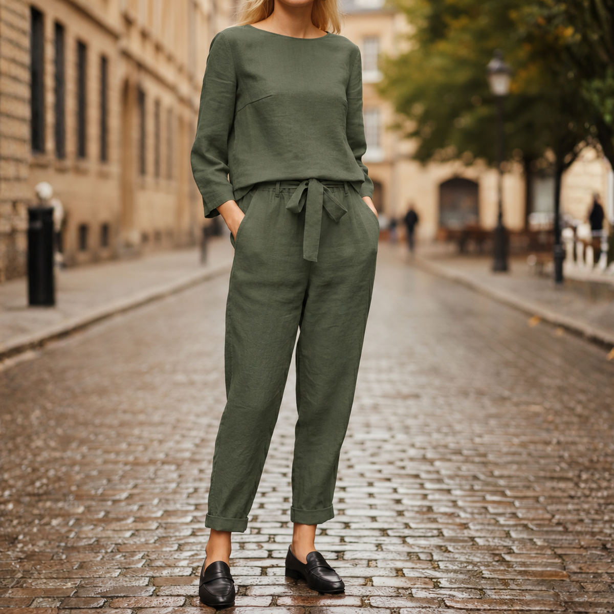 Two Piece Set Long Sleeve Top Tie Waist Tapered Pants Women