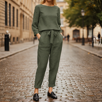 Two Piece Set Long Sleeve Top Tie Waist Tapered Pants Women