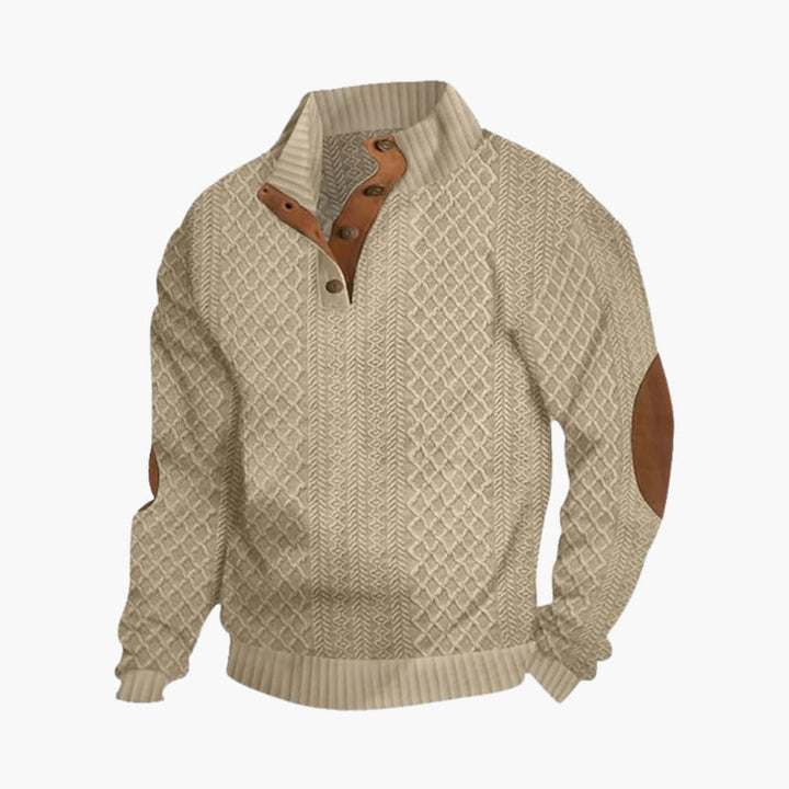 Suéter de punto para hombre con cuello abotonado, coderas, manga larga, casual