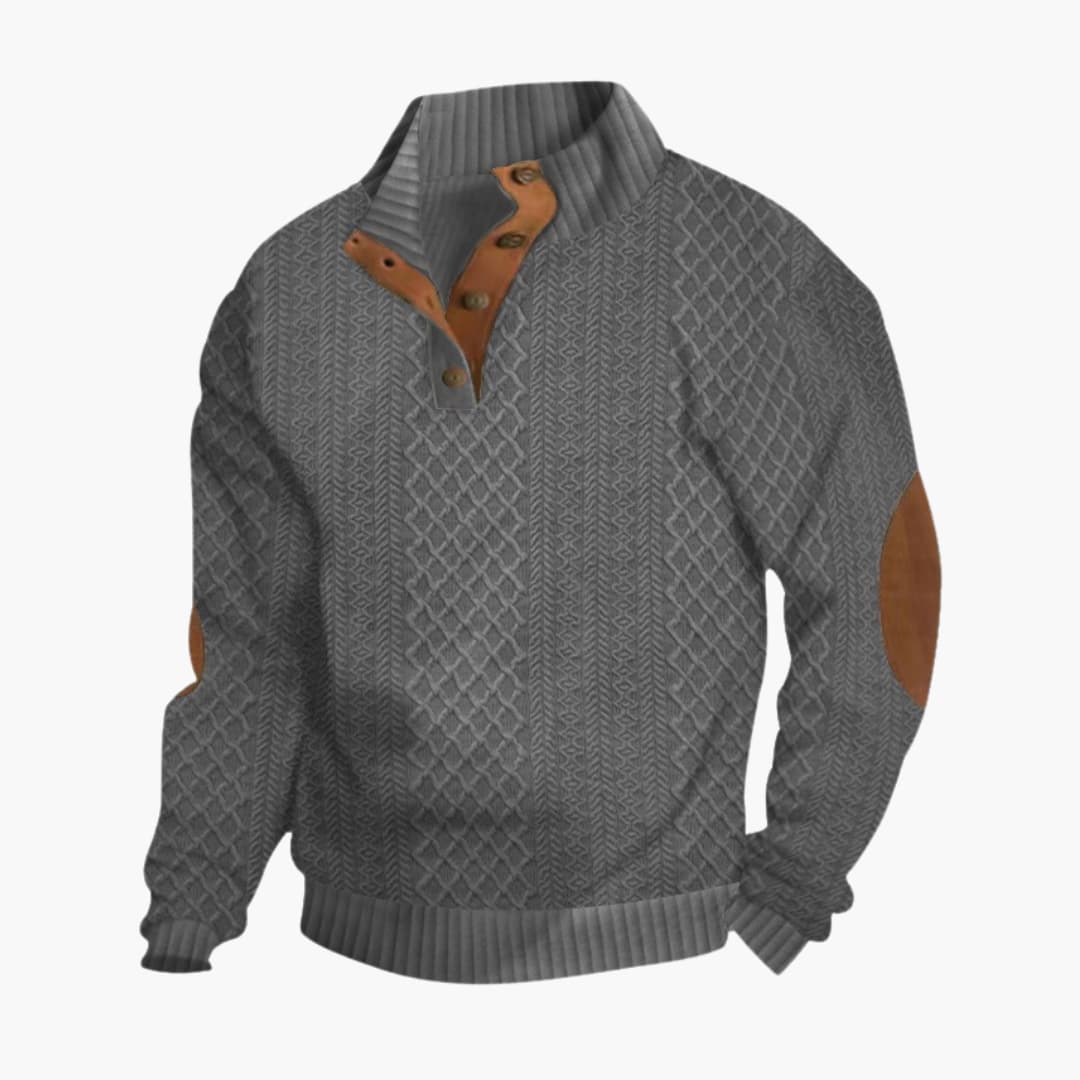 Suéter de punto para hombre con cuello abotonado, coderas, manga larga, casual
