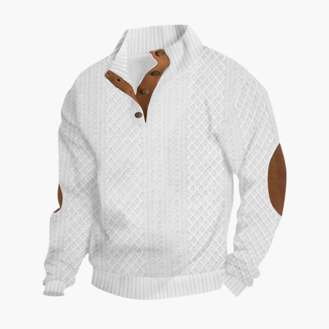 Suéter de punto para hombre con cuello abotonado, coderas, manga larga, casual
