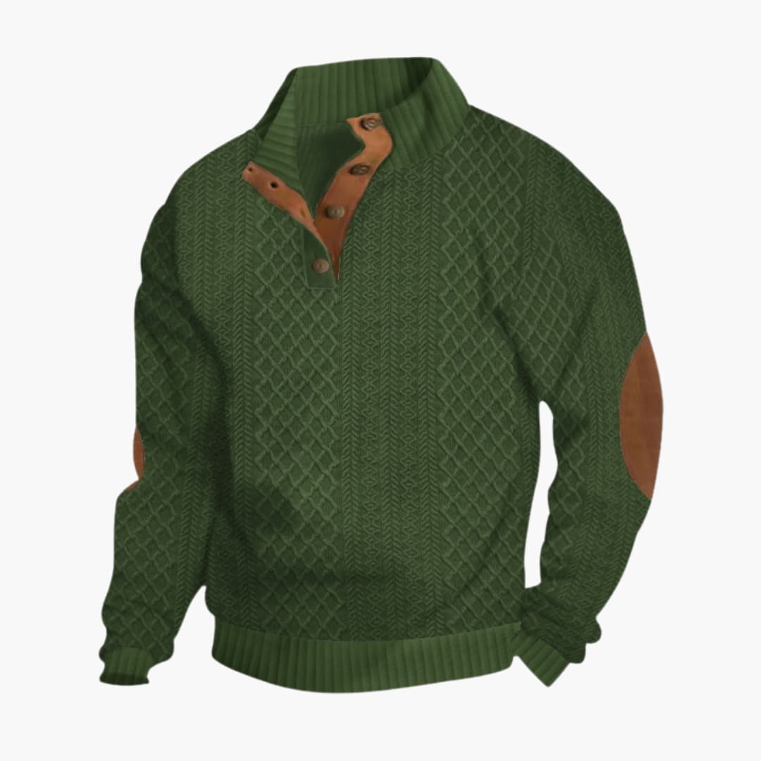 Suéter de punto para hombre con cuello abotonado, coderas, manga larga, casual