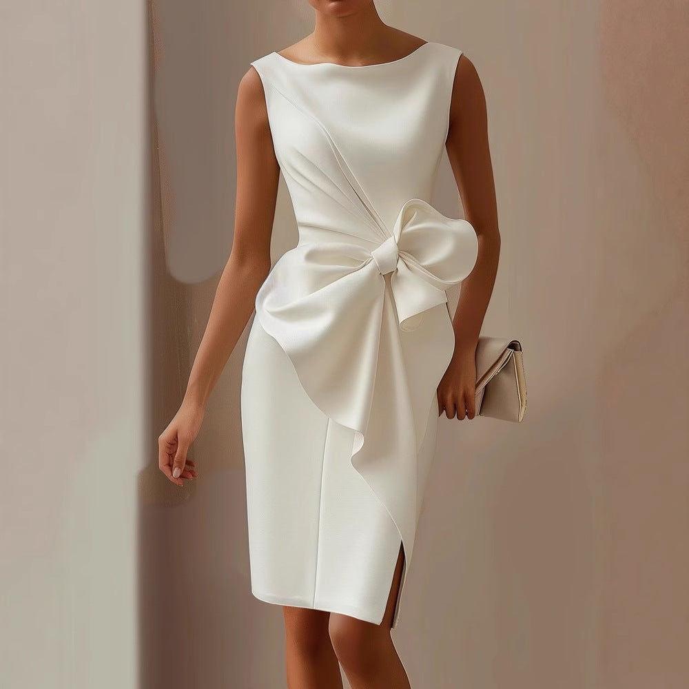 Women's Midi Dress Front Bow Sleeveless Round Neck A-Line