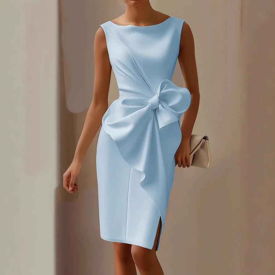 Robe midi femme sans manches à col rond avec nœud devant et coupe trapèze