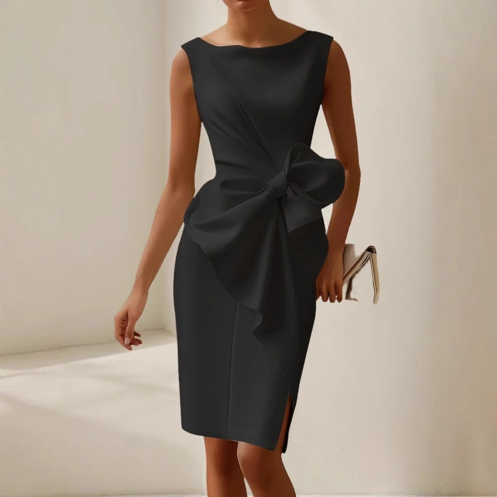 Robe midi femme sans manches à col rond avec nœud devant et coupe trapèze