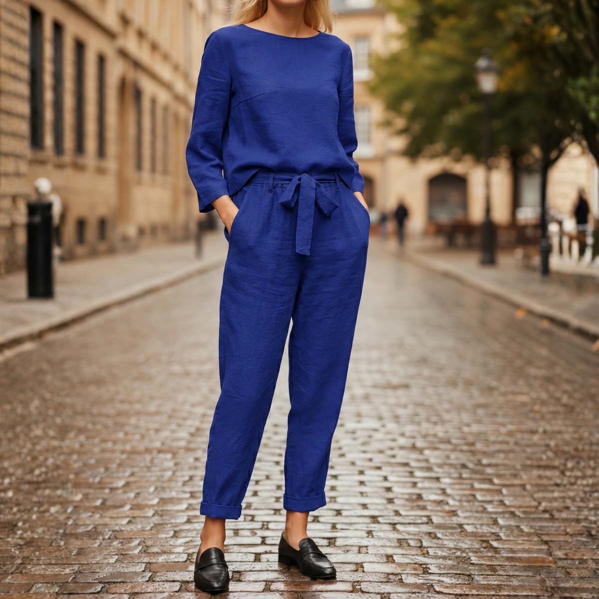Two Piece Set Long Sleeve Top Tie Waist Tapered Pants Women