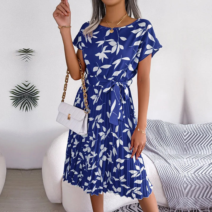 Vestido maxi para mujer de gasa con flores, plisado, manga corta, cintura alta, corte en A – Casual de verano