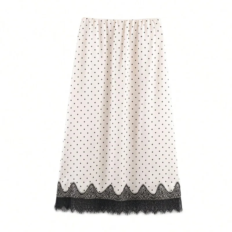 Falda midi para mujer de satén con encaje, lunares, cintura alta, corte recto, uso casual
