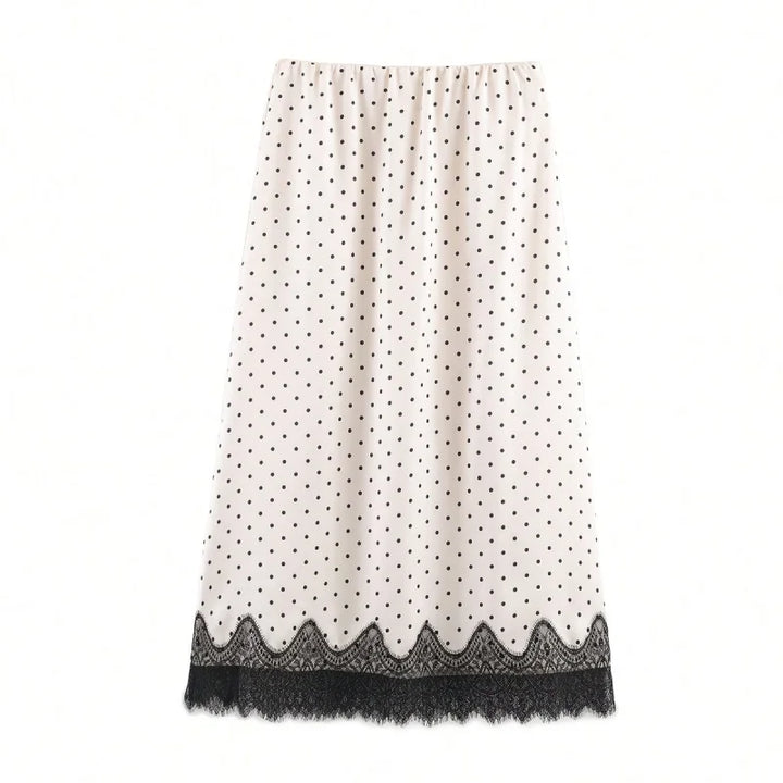 Falda midi para mujer de satén con encaje, lunares, cintura alta, corte recto, uso casual