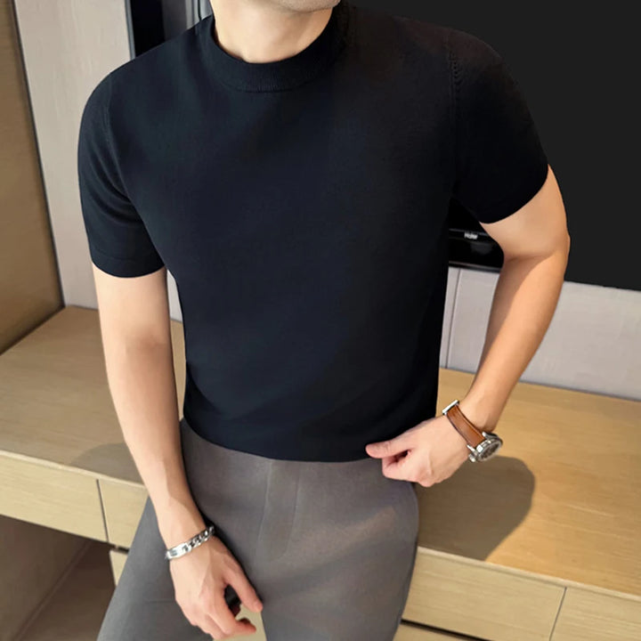 Camiseta de hombre de punto lisa, ajuste slim, manga corta, cuello redondo, casual