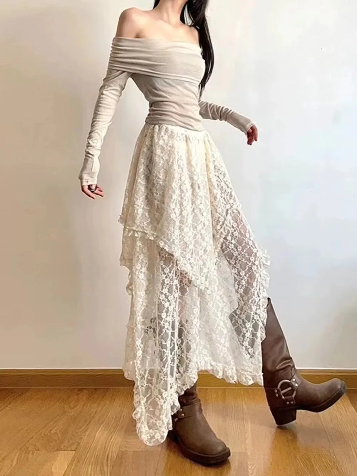 Jupe femme en dentelle, taille haute asymétrique, ourlet irrégulier, style Y2K bohème pour soirée