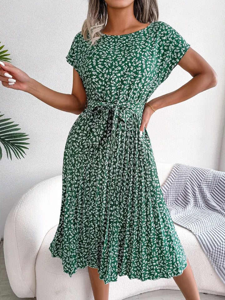 Vestido midi para mujer de gasa con estampado floral, escote en V, manga corta, corte en línea A, tipo pulóver – Casual de verano