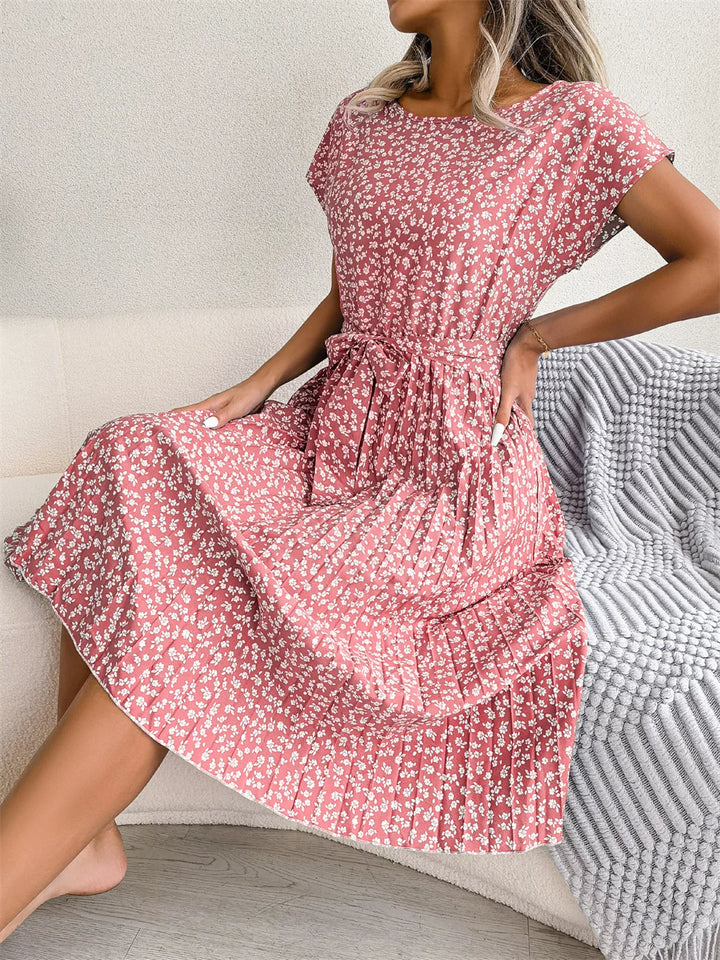 Vestido maxi para mujer de gasa con flores, plisado, manga corta, cintura alta, corte en A – Casual de verano