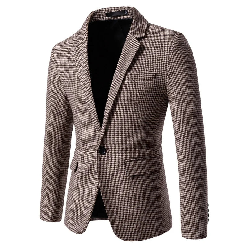 Blazer homme à motif pied-de-poule coupe slim, fermeture à boutons, manches longues, style business décontracté