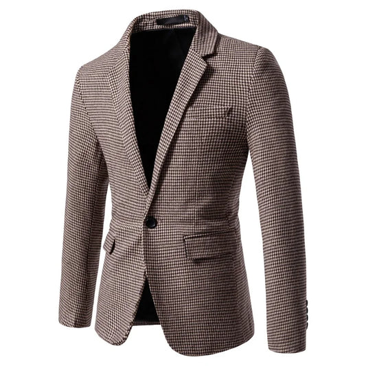 Men's Blazer Houndstooth Slim Fit Button Closure Long Sleeve Business Casual