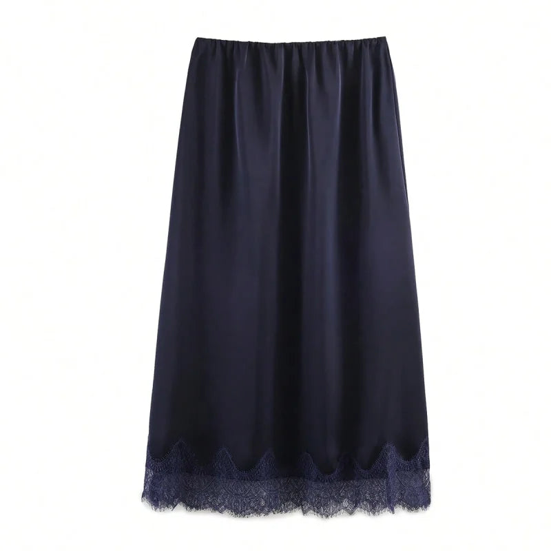 Falda midi para mujer de satén con encaje, lunares, cintura alta, corte recto, uso casual